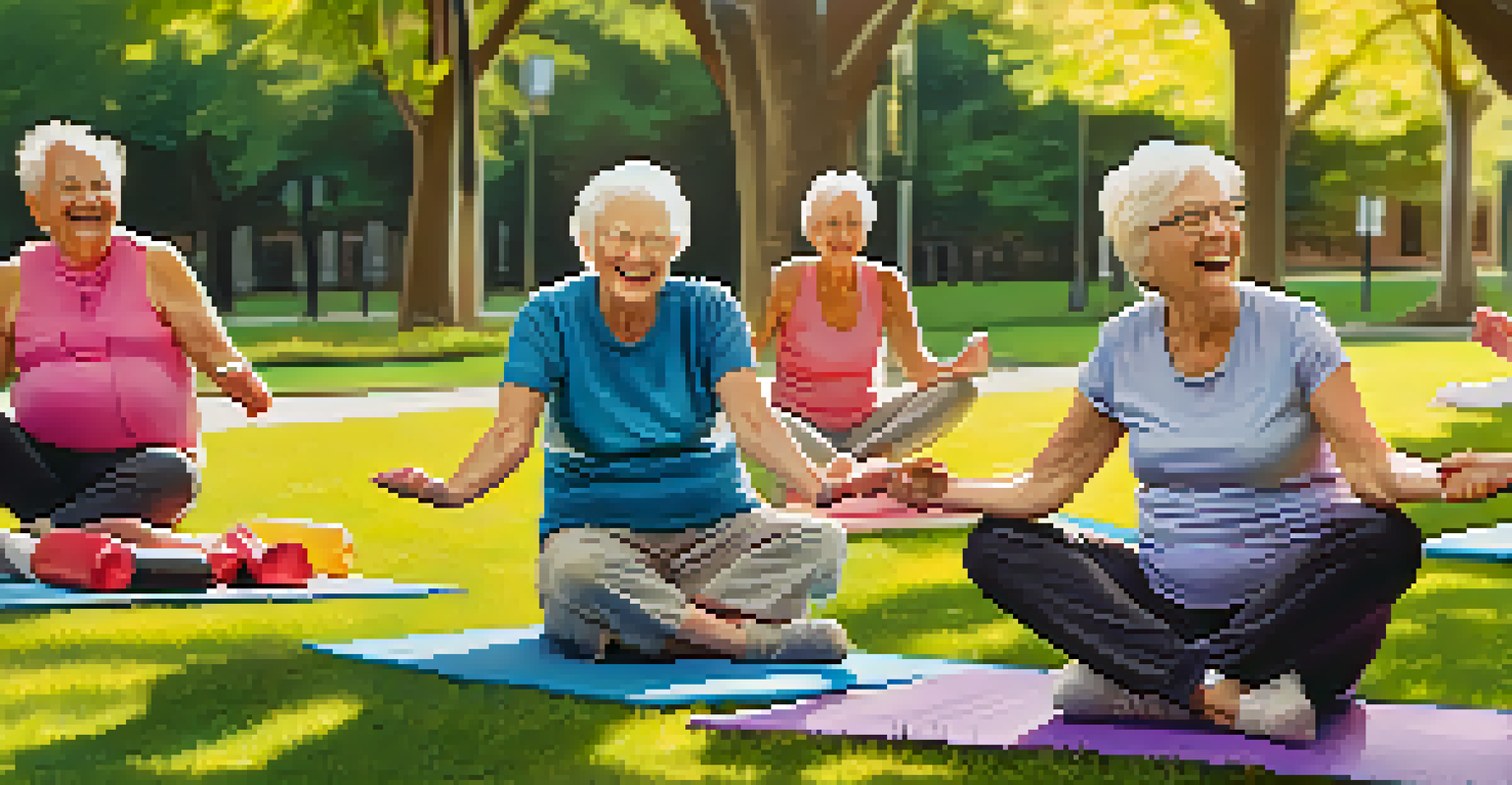 A group of seniors exercising together in a park, enjoying camaraderie and fitness in a sunny outdoor setting.