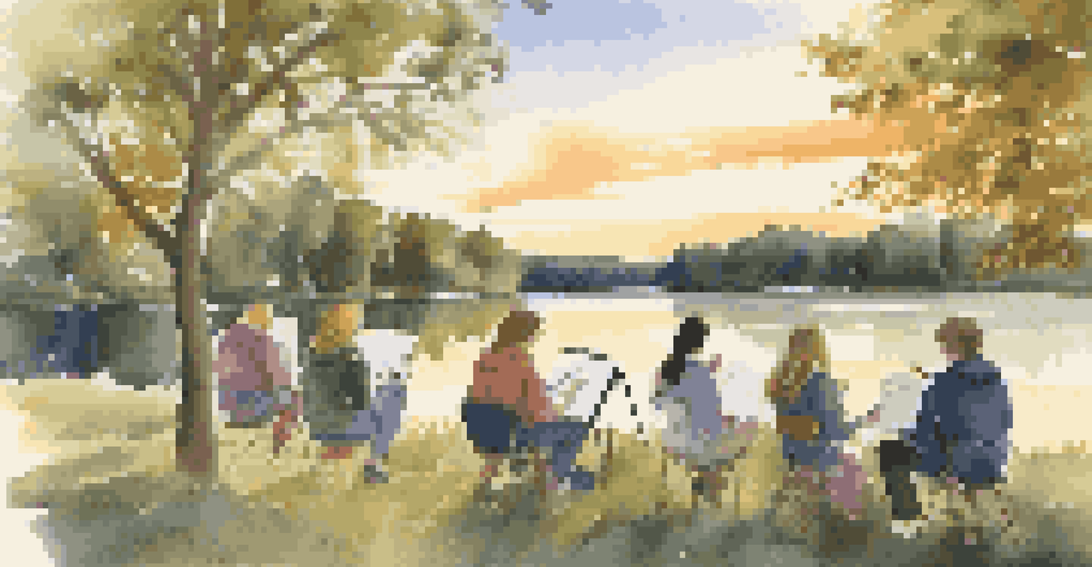Students sketching outdoors, surrounded by nature, with the sun setting in the background.