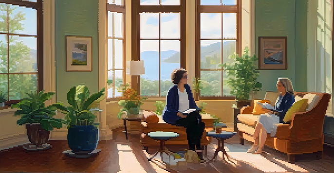 A wellness coaching session with a woman coach and a young male client in a bright room with plants and sunlight.