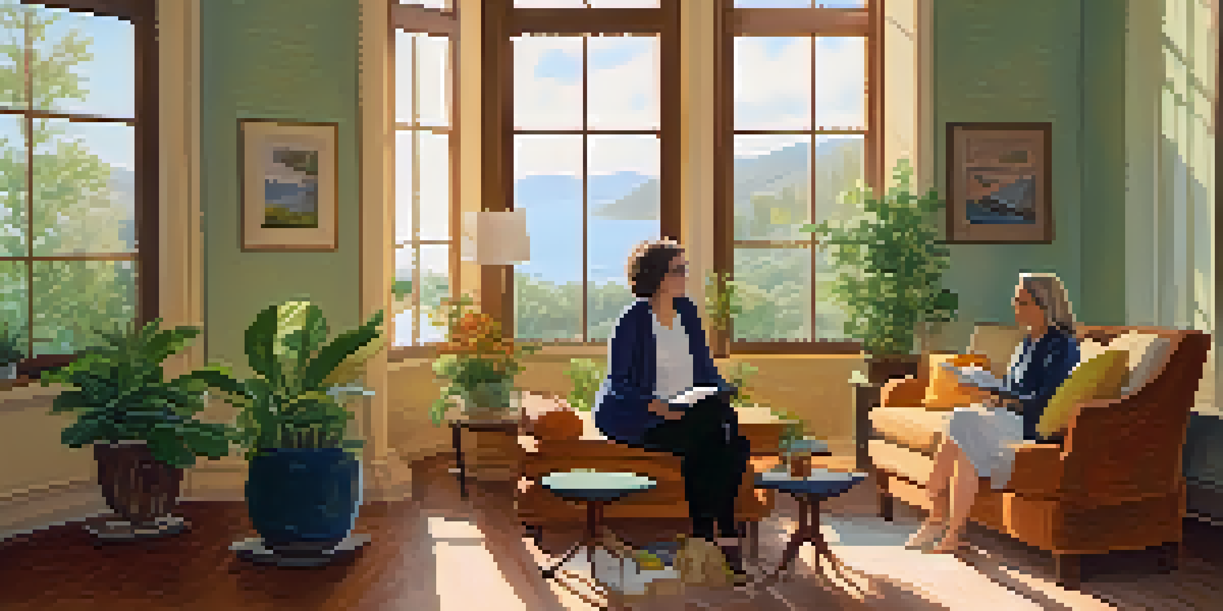 A wellness coaching session with a woman coach and a young male client in a bright room with plants and sunlight.