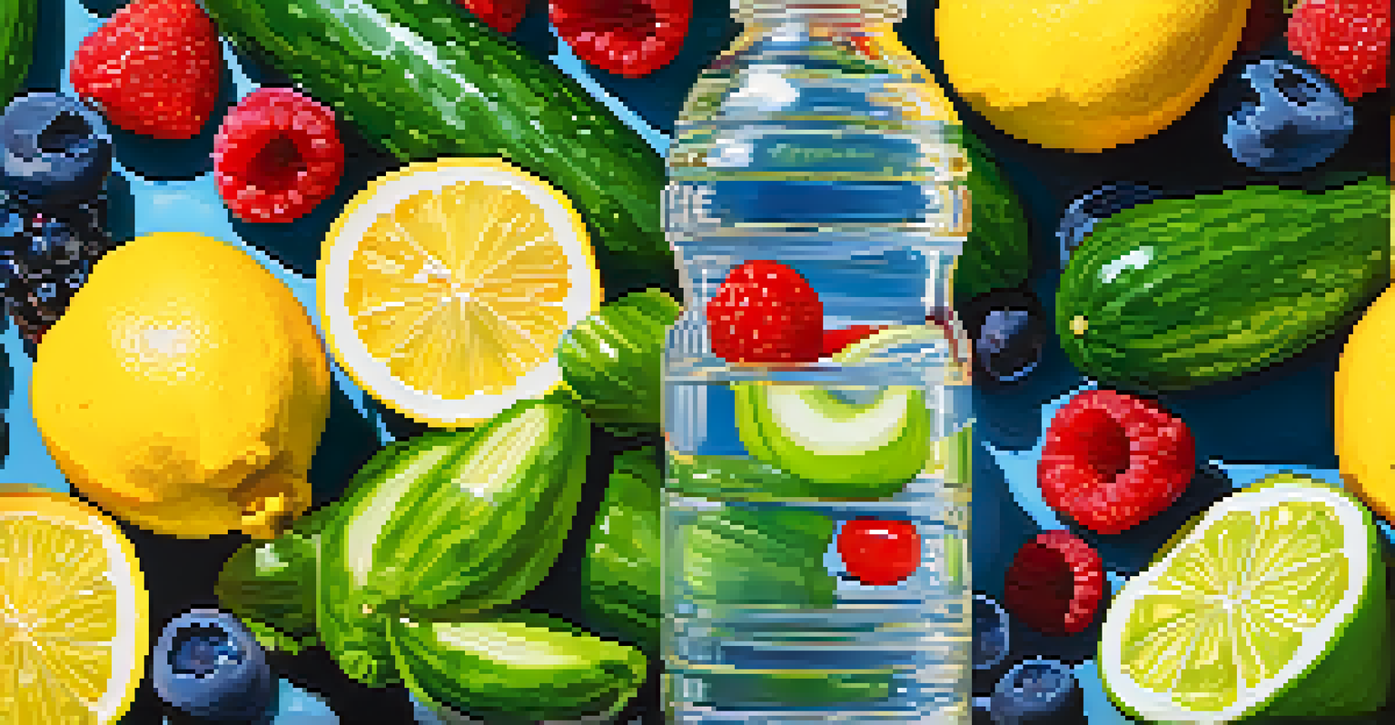 A water bottle surrounded by cucumbers, lemons, and berries, symbolizing hydration and freshness.