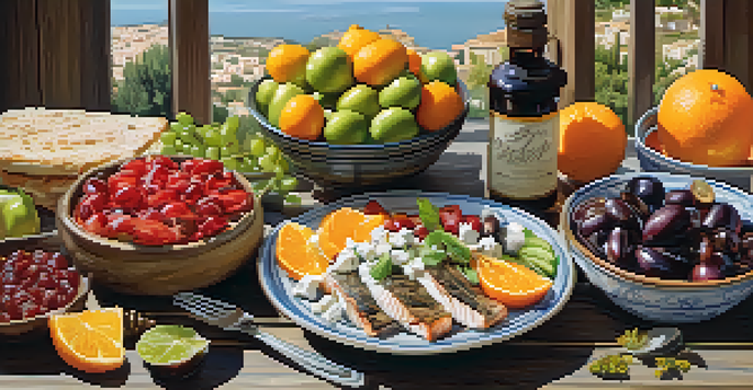 A colorful Mediterranean meal on a wooden table with Greek salad, grilled fish, and assorted fruits, illuminated by warm sunlight.