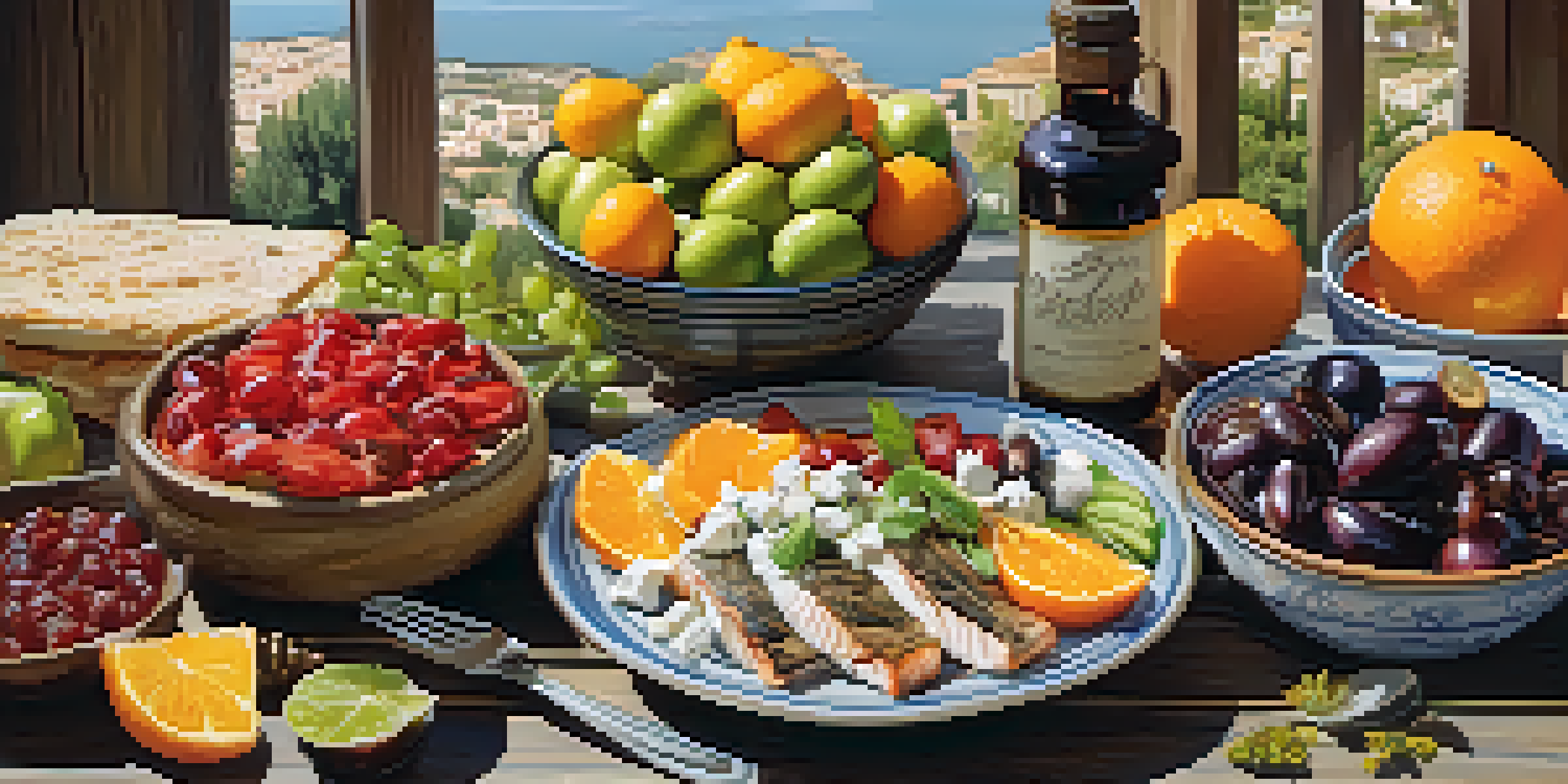 A colorful Mediterranean meal on a wooden table with Greek salad, grilled fish, and assorted fruits, illuminated by warm sunlight.