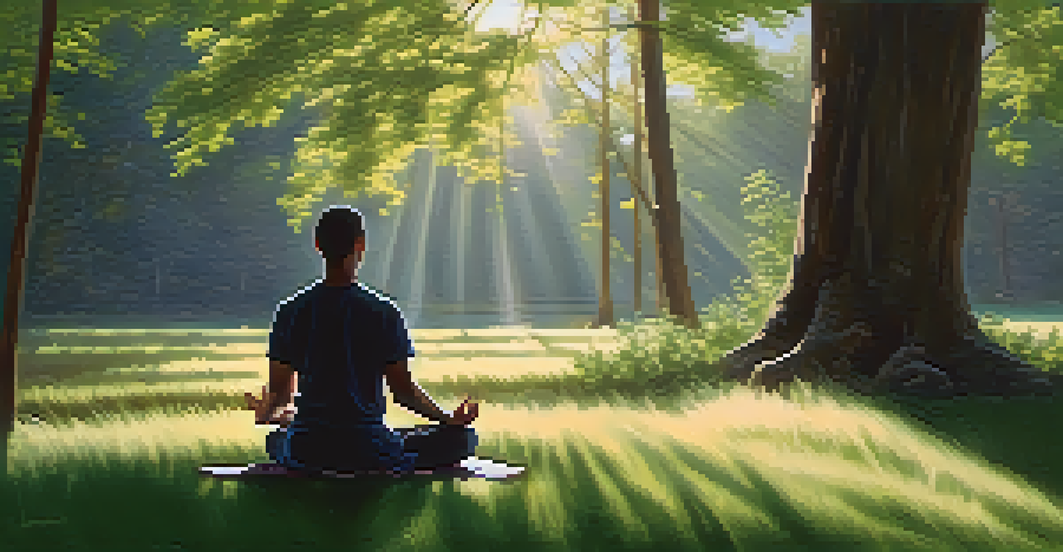 A person meditating outdoors, surrounded by nature, with sunlight shining through the trees.