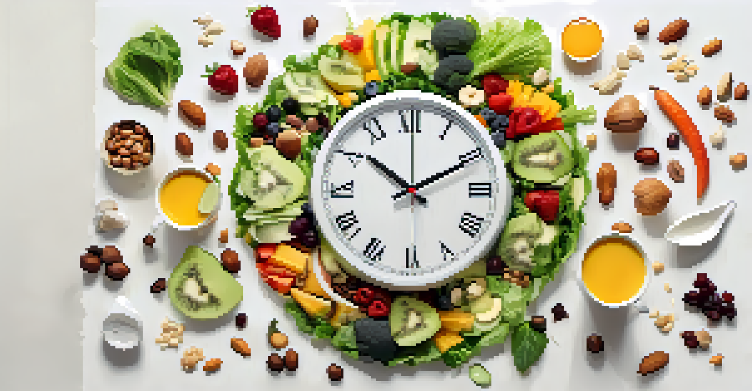 A clock surrounded by healthy food items, illustrating the concept of intermittent fasting.