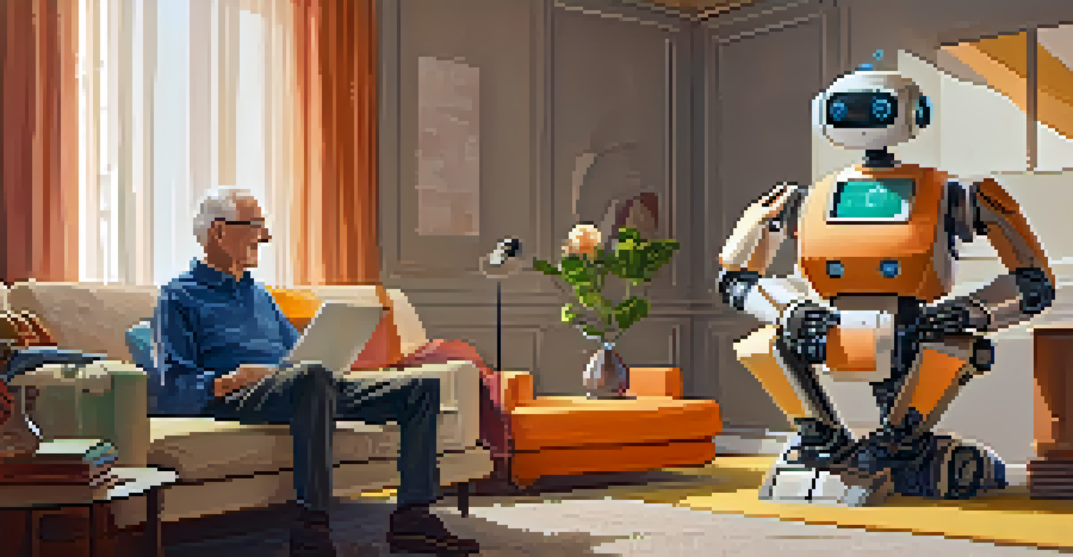 A robotic assistant interacting with a senior man in a cozy living room, helping him with tasks.