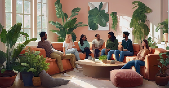 A group of diverse people discussing mental health in a cozy, sunlit room filled with plants and cushions.