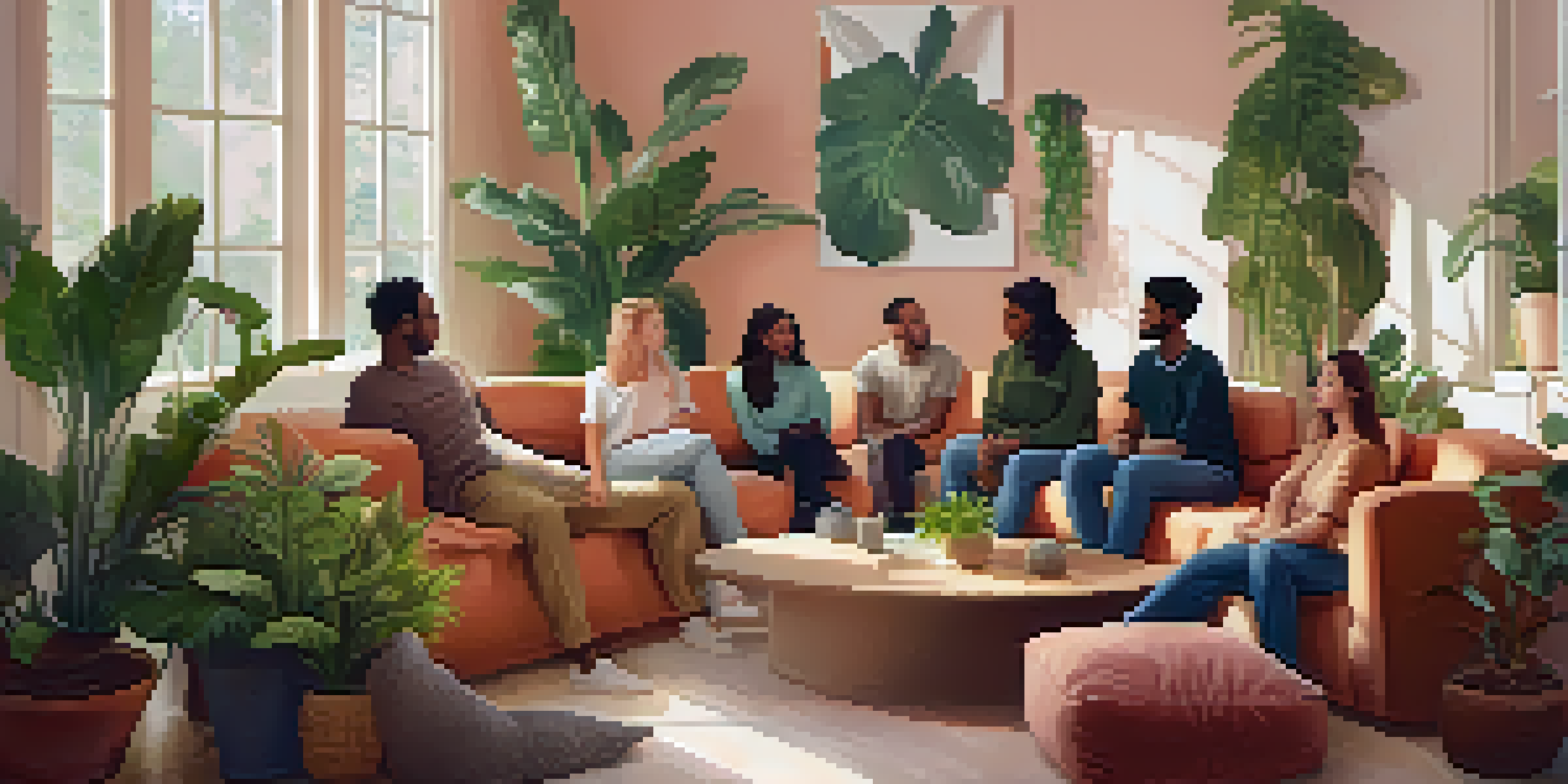 A group of diverse people discussing mental health in a cozy, sunlit room filled with plants and cushions.