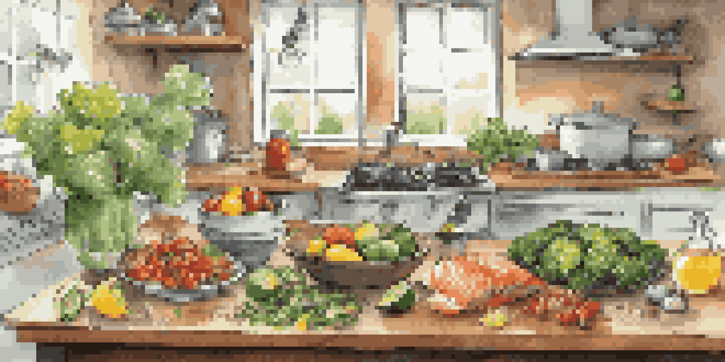 A colorful kitchen countertop displaying bowls of chia seeds, walnuts, and flaxseeds with grilled salmon and fresh vegetables, illuminated by soft natural light.
