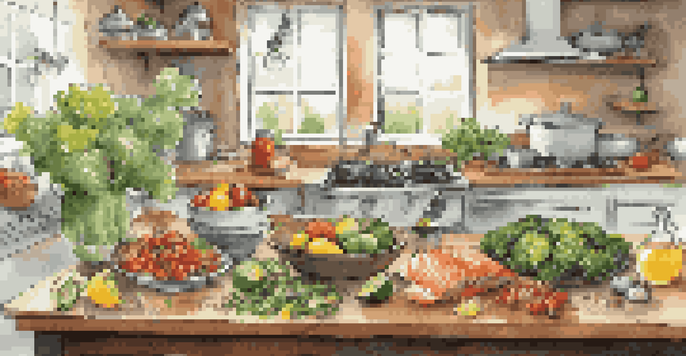 A colorful kitchen countertop displaying bowls of chia seeds, walnuts, and flaxseeds with grilled salmon and fresh vegetables, illuminated by soft natural light.
