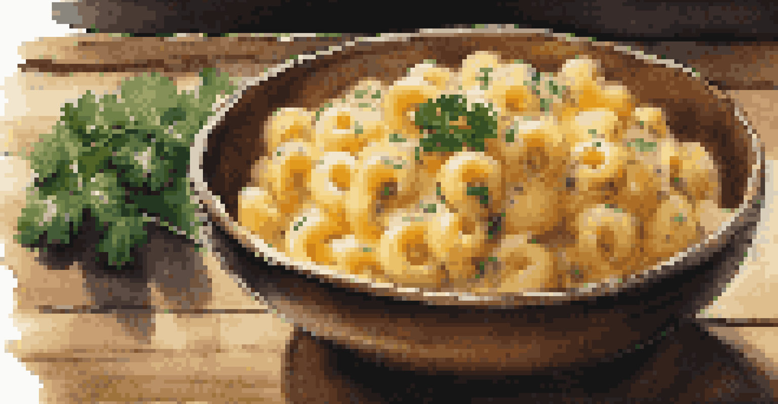 Close-up of creamy macaroni and cheese in a rustic bowl with parsley garnish on a wooden table.