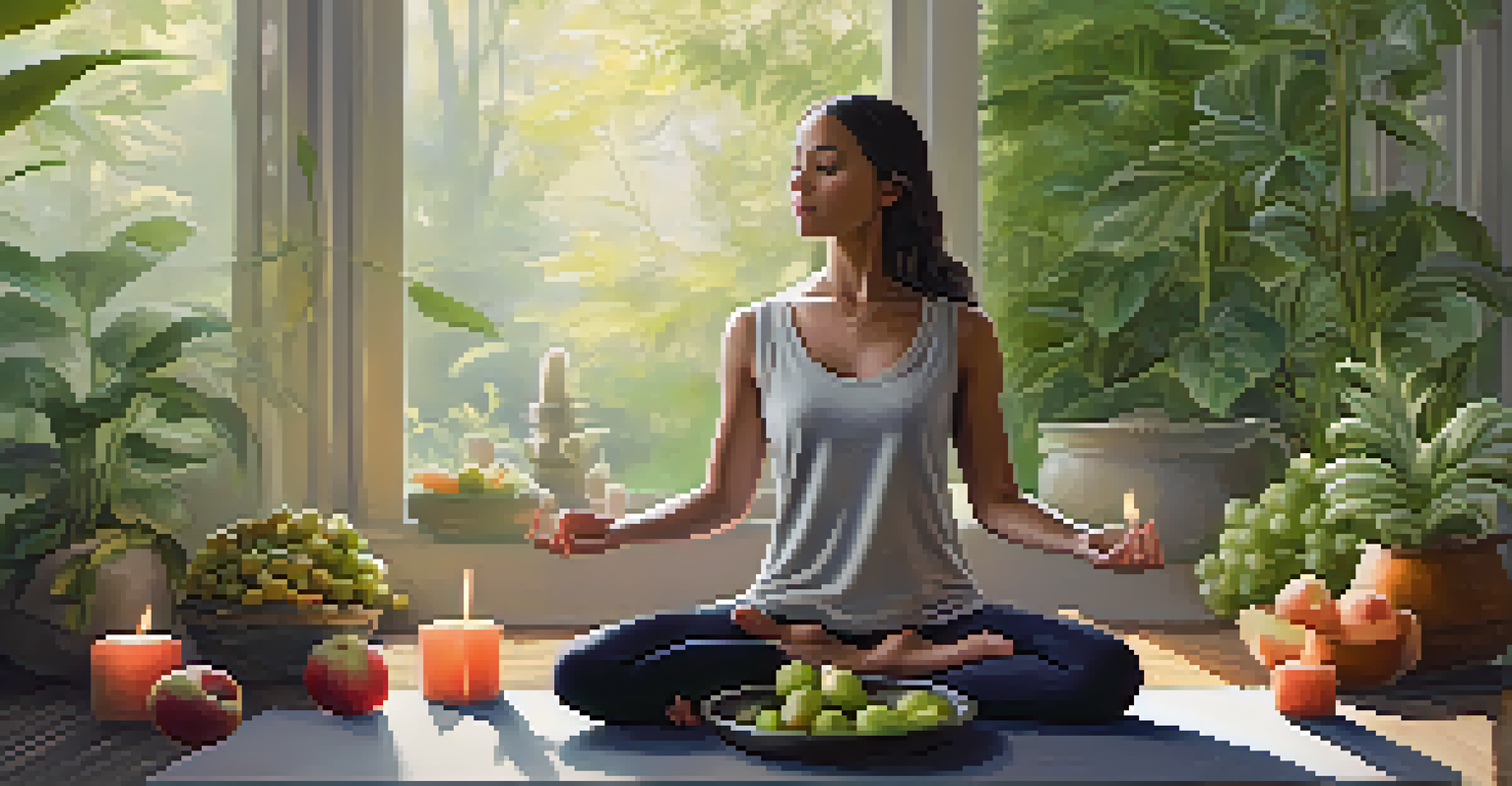 An individual practicing mindful eating with a bowl of fruit, surrounded by a peaceful and calming environment.