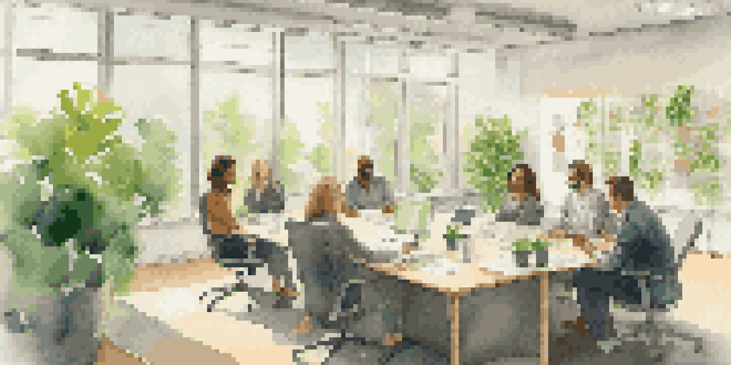 A diverse group of employees having a friendly discussion in a bright office setting, surrounded by plants and natural light.