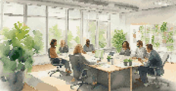 A diverse group of employees having a friendly discussion in a bright office setting, surrounded by plants and natural light.