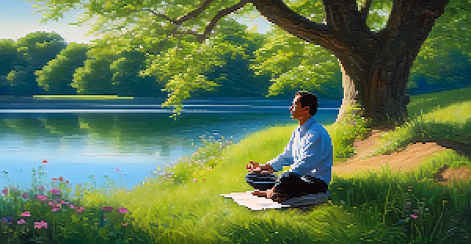 A man meditating outdoors under a tree, surrounded by grass and flowers, with a lake in the background.