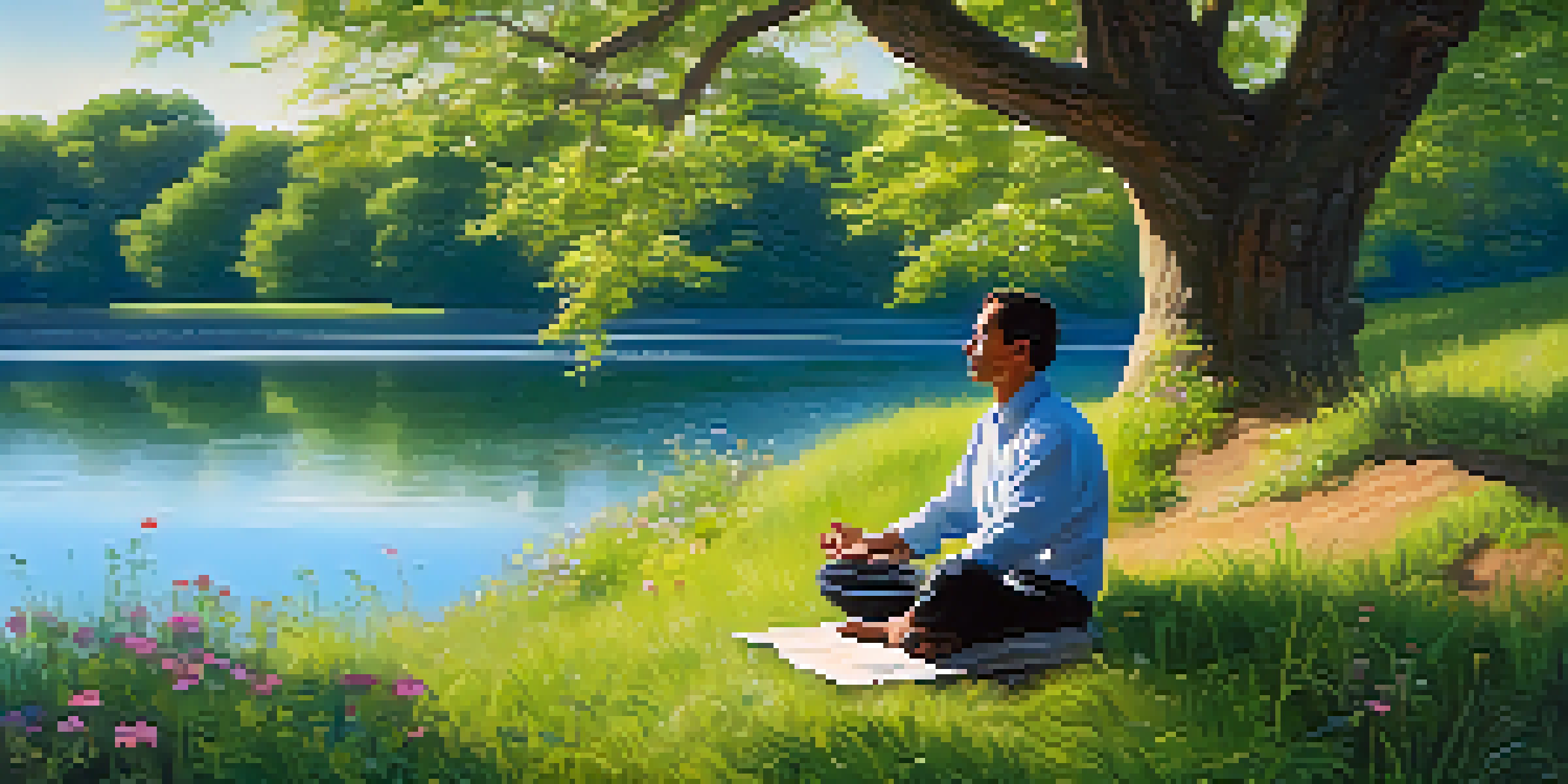 A man meditating outdoors under a tree, surrounded by grass and flowers, with a lake in the background.