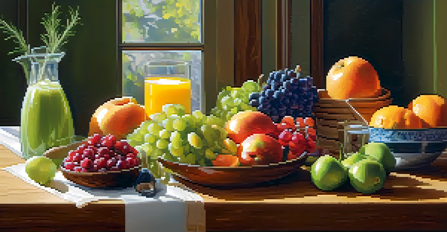 A colorful arrangement of fresh fruits, vegetables, and grains on a wooden kitchen table, promoting healthy nutrition.