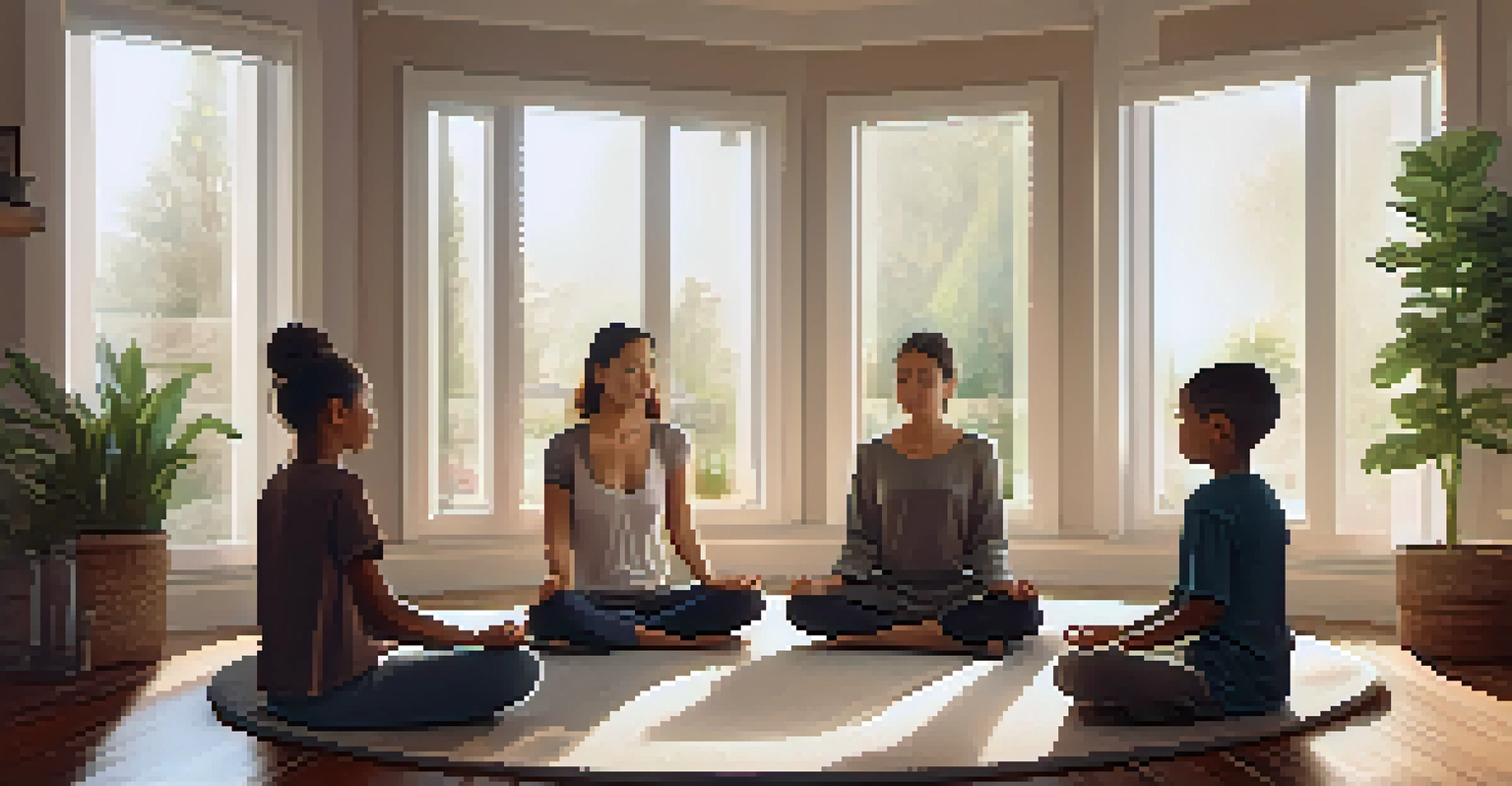 A family practicing mindfulness meditation together in a cozy living room filled with candles and plants.