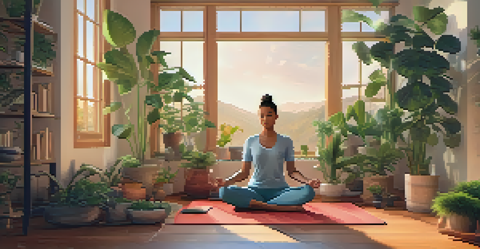 A person meditating in a cozy room full of plants, with a digital device showing biohacking data beside them.