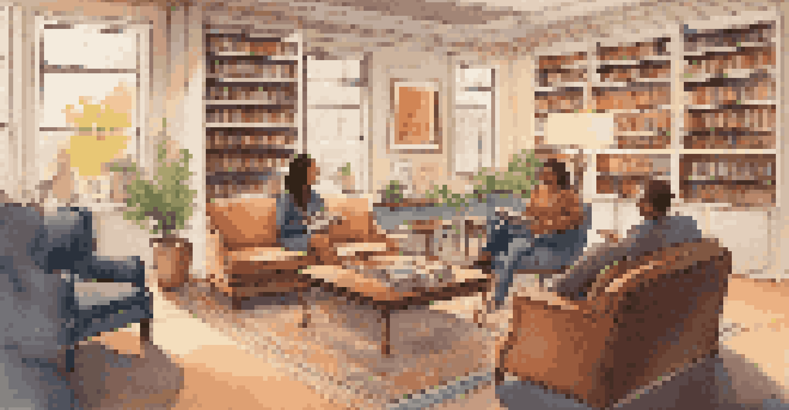 A cozy office lounge with employees socializing, surrounded by comfortable seating and warm lighting.