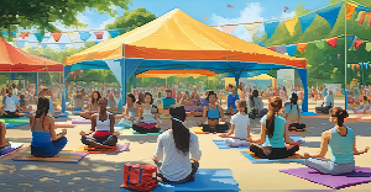 A lively outdoor community event featuring yoga, cooking, and games in a sunny park with colorful tents.