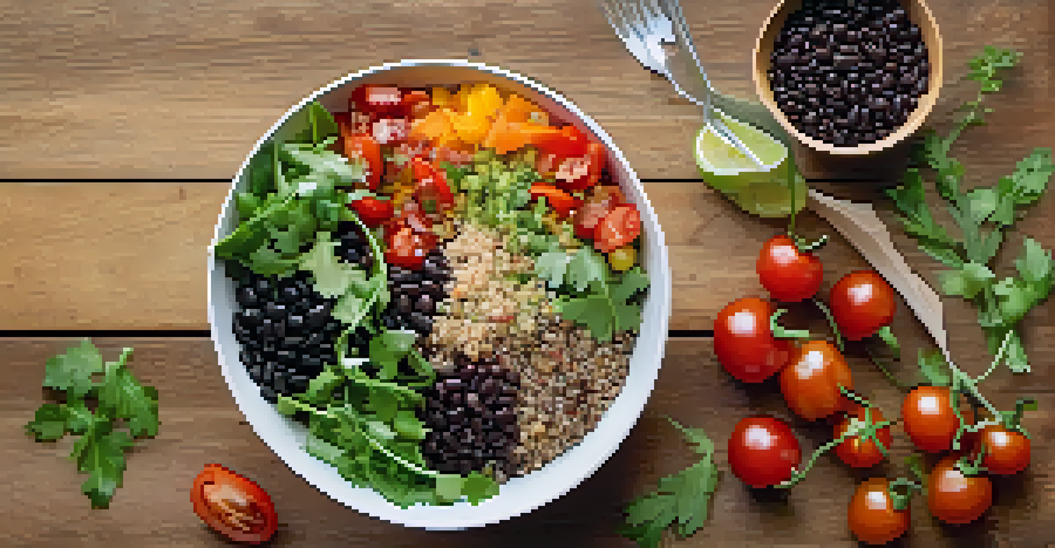 A colorful grain bowl with quinoa, black beans, vegetables, and a light vinaigrette dressing on a wooden table.