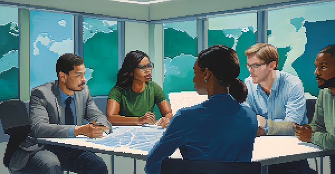 A diverse group of professionals working together in a crisis intervention center, discussing plans and using technology.