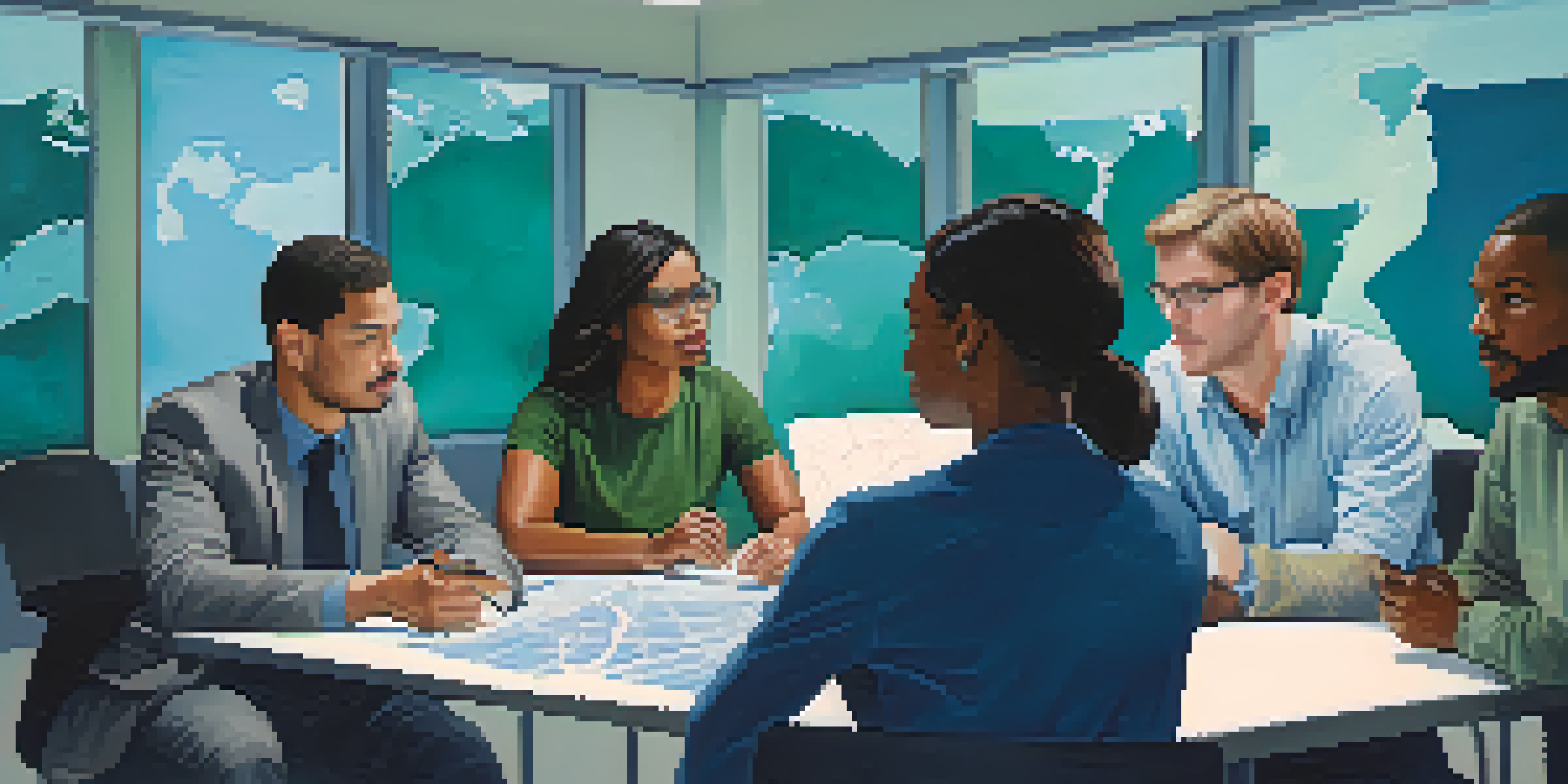 A diverse group of professionals working together in a crisis intervention center, discussing plans and using technology.