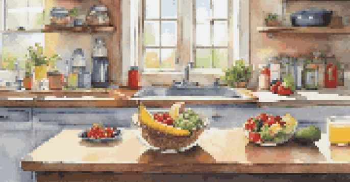 A colorful display of healthy pre-workout meals on a kitchen countertop, featuring fresh fruits, a smoothie, and whole-grain toast.