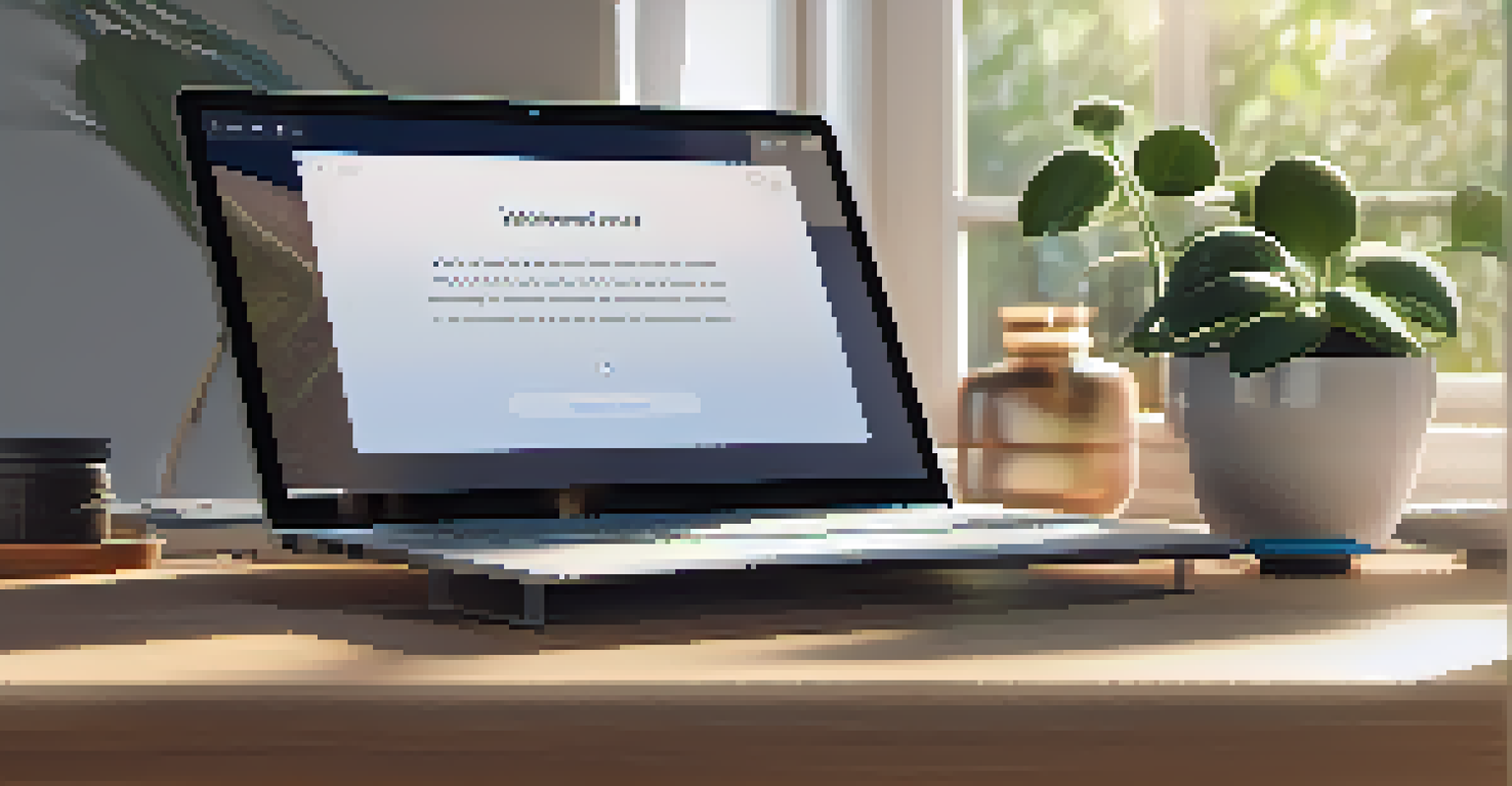 A minimalist workspace with a laptop, a plant, and sunlight streaming through a window.