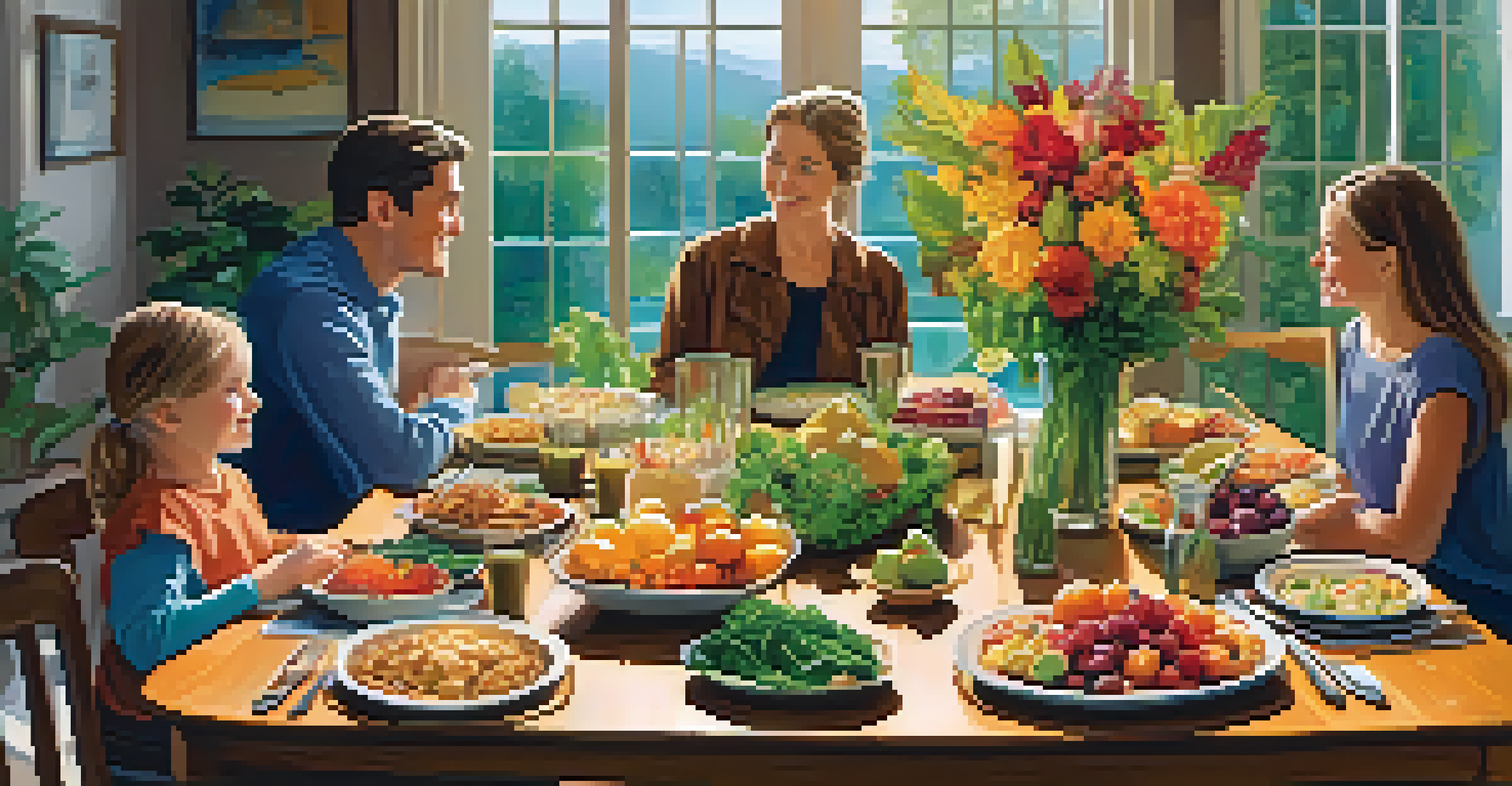 A family of four enjoying a meal together at a dining table filled with healthy foods including fruits and vegetables, set in a cozy atmosphere.