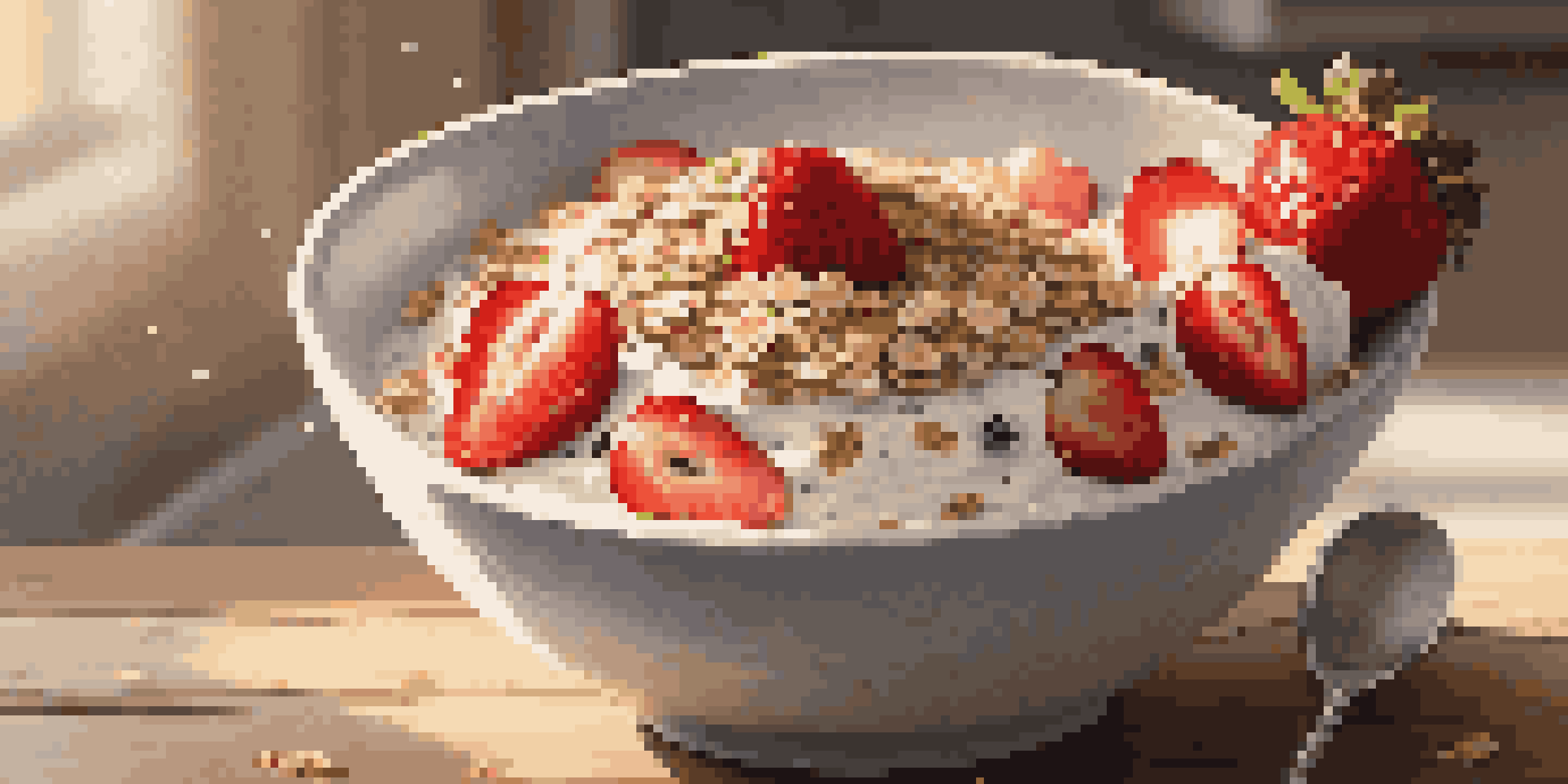 A bowl of overnight oats with layers of oats, yogurt, strawberries, and chia seeds on a wooden table illuminated by morning sunlight.