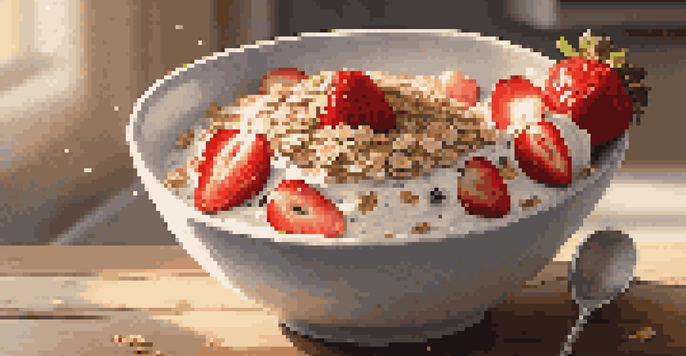 A bowl of overnight oats with layers of oats, yogurt, strawberries, and chia seeds on a wooden table illuminated by morning sunlight.