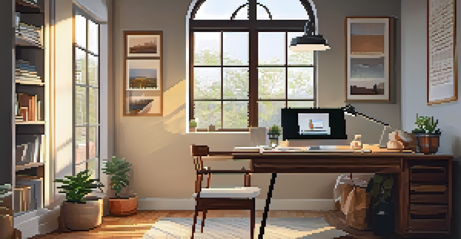A warm home office with a laptop, family pictures, and sunlight streaming through the window.