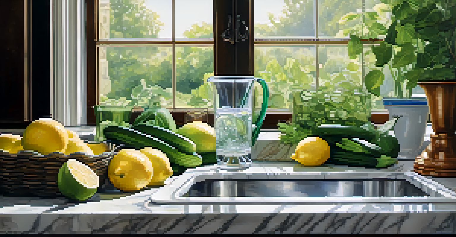 A kitchen scene featuring a glass pitcher of water with cucumber and lemon slices, surrounded by fresh fruits and greens on a marble countertop.