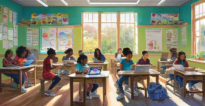 A classroom filled with diverse youth participating in a health literacy workshop, collaborating with technology and surrounded by colorful health-related posters.