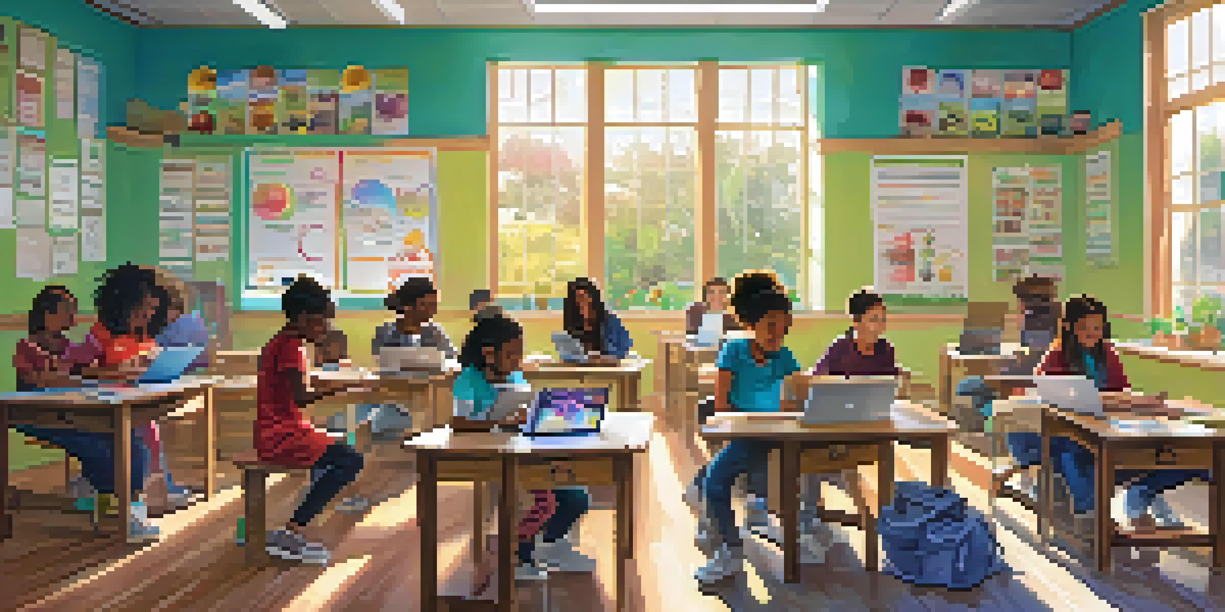 A classroom filled with diverse youth participating in a health literacy workshop, collaborating with technology and surrounded by colorful health-related posters.