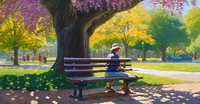 A person writing in a gratitude journal on a park bench, surrounded by blooming flowers and sunlight filtering through the leaves of an oak tree.