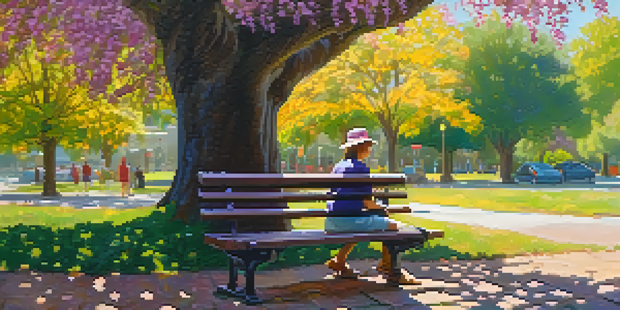 A person writing in a gratitude journal on a park bench, surrounded by blooming flowers and sunlight filtering through the leaves of an oak tree.