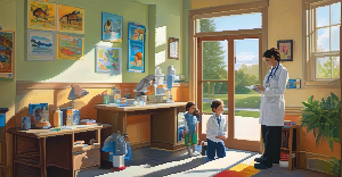 A pediatrician interacts with a smiling child in a colorful doctor's office, with sunlight streaming through a window.