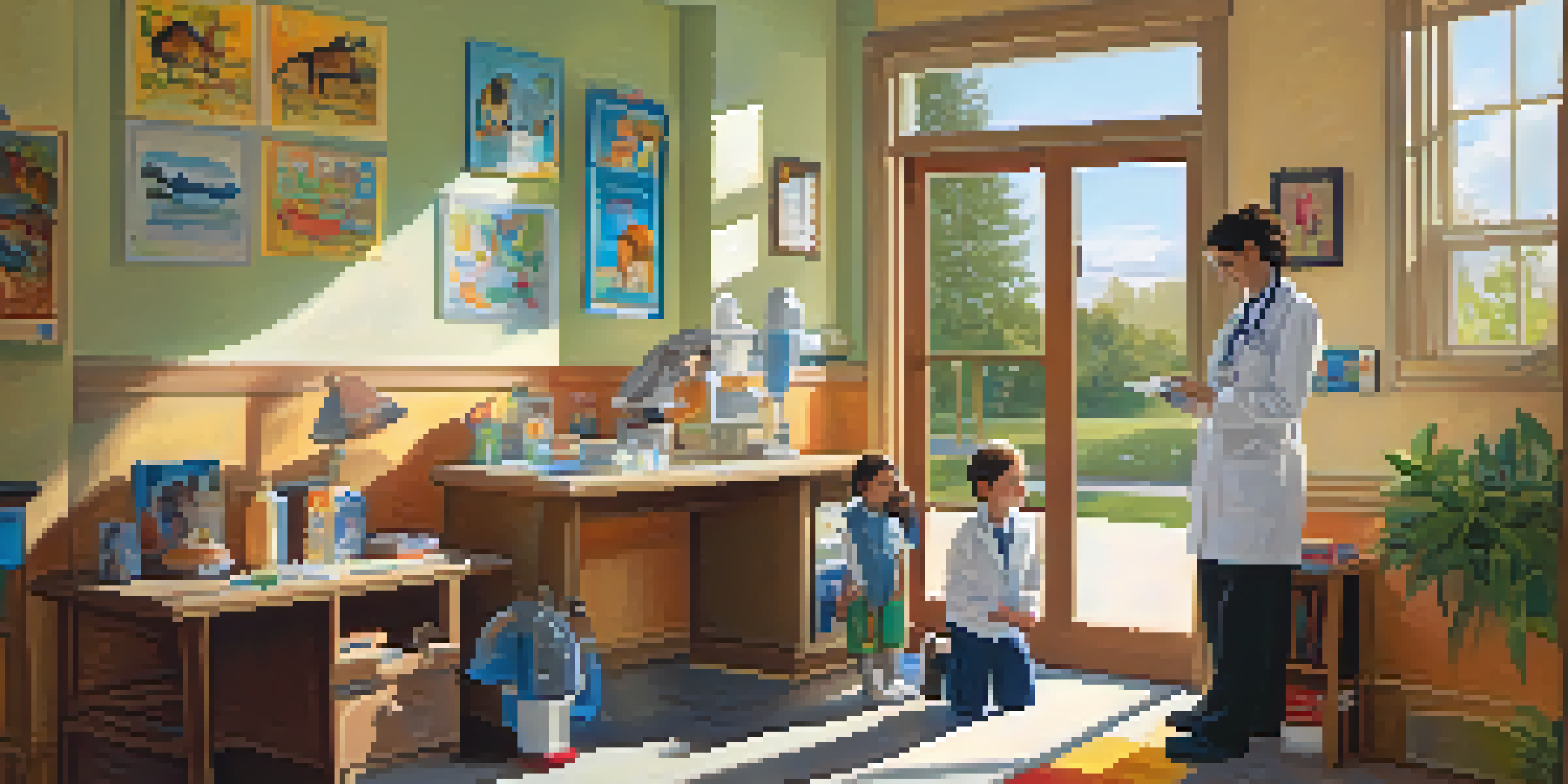 A pediatrician interacts with a smiling child in a colorful doctor's office, with sunlight streaming through a window.