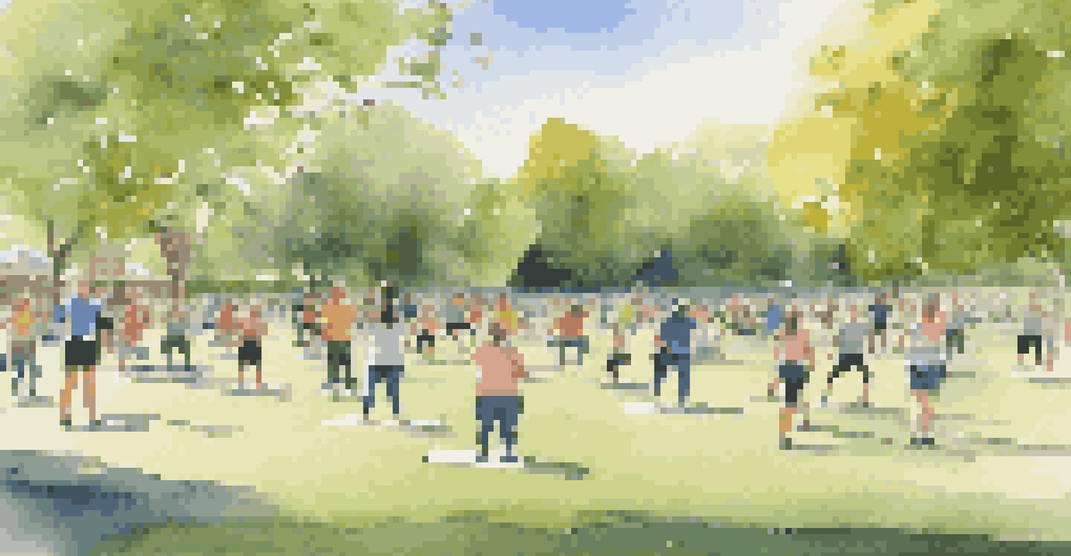 A vibrant community fitness class in a park with people of all ages performing bodyweight exercises, surrounded by greenery and using eco-friendly equipment.