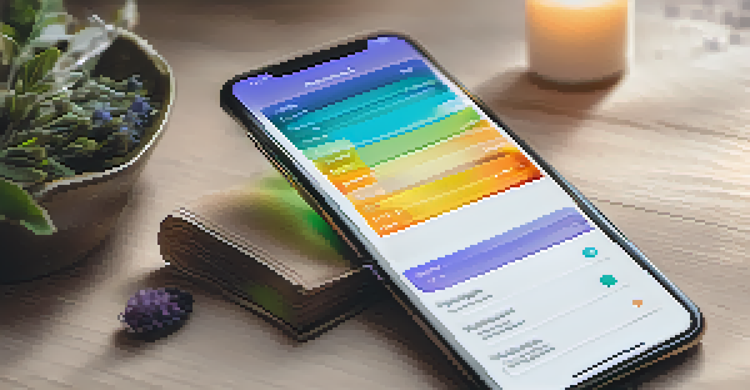 A close-up of a smartphone showing a mood tracking feature of a mental health app, surrounded by calming items like candles and essential oils.