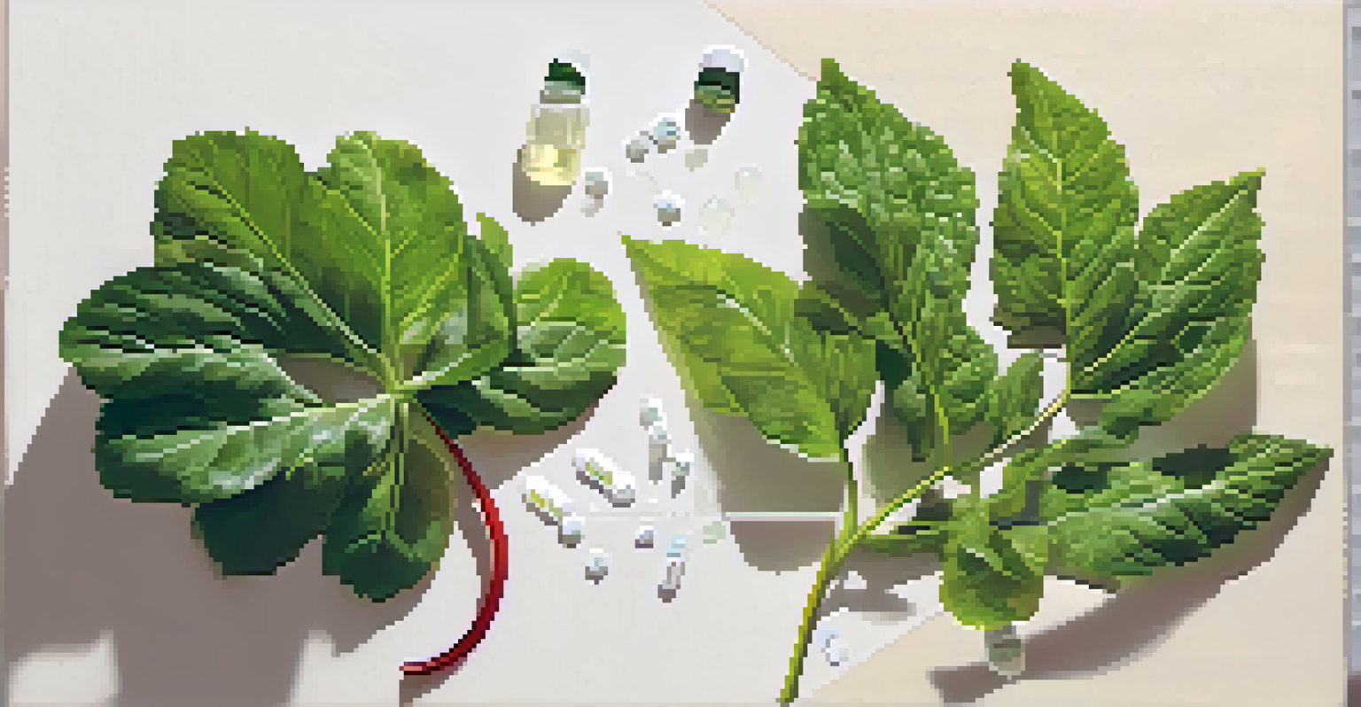 A side-by-side comparison of a leafy green plant and a synthetic vitamin tablet, showcasing natural versus synthetic supplements.