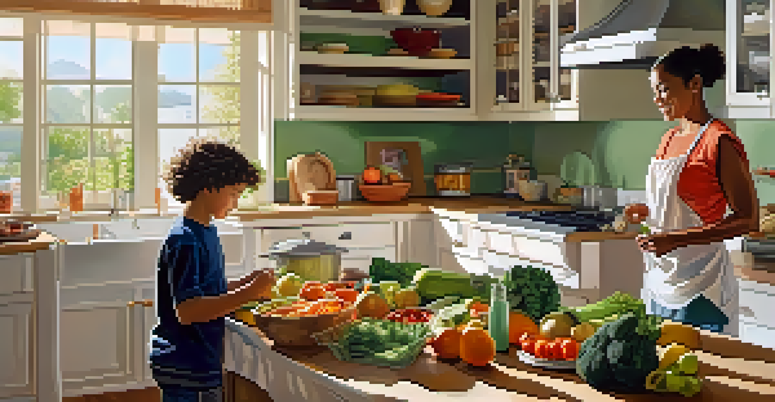 A parent and child cooking a healthy meal together in a bright kitchen filled with fresh ingredients.