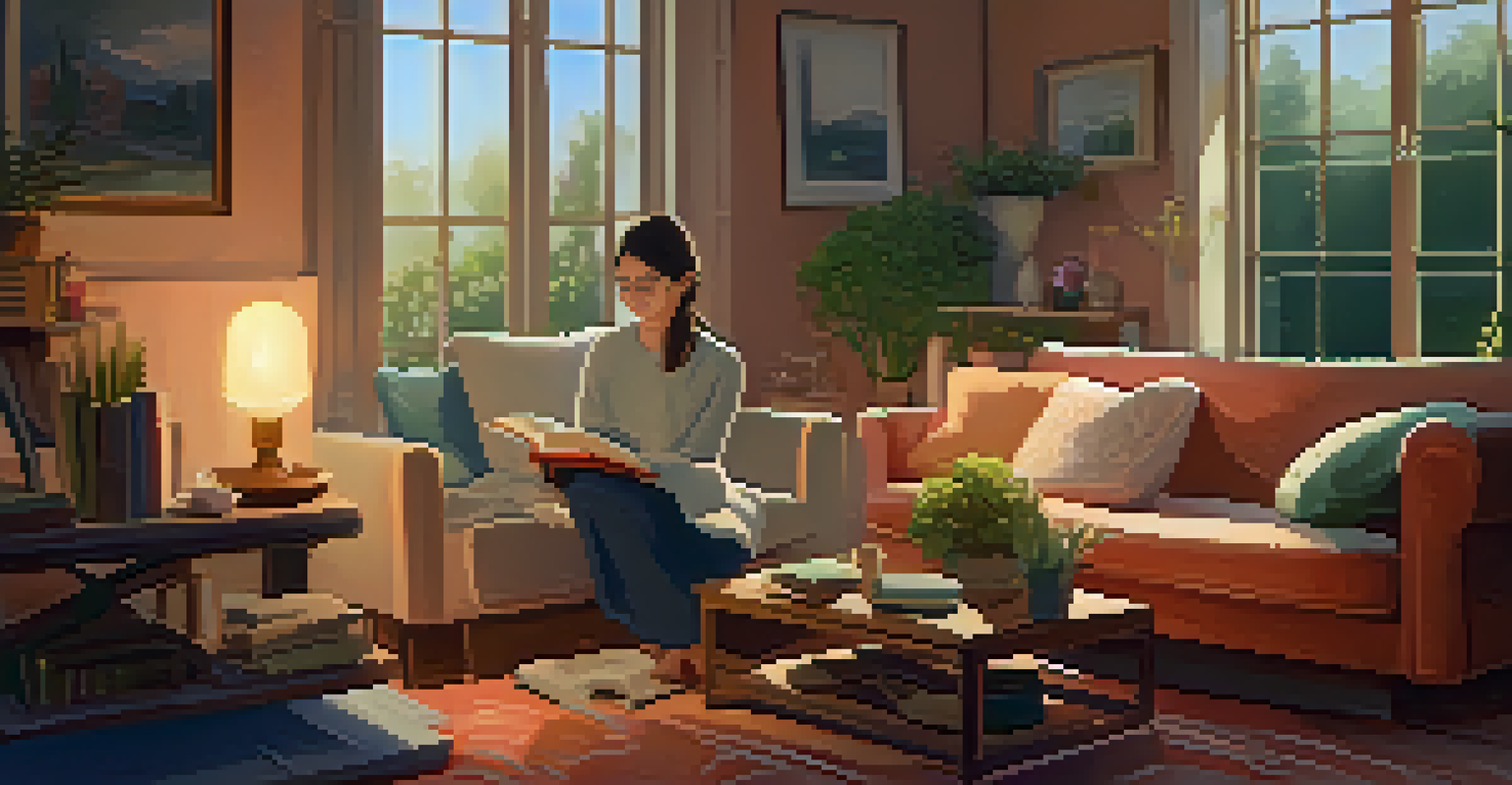 A person relaxing in a cozy living room, reading a book with a cup of tea, surrounded by warm lighting and soft decor.