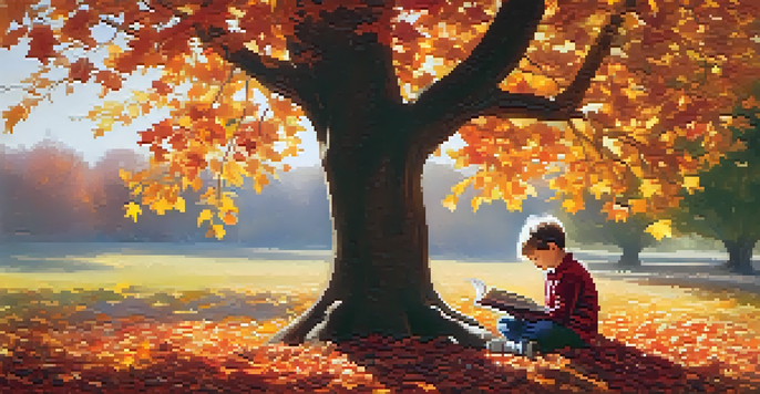 A child reading a book under a large tree, surrounded by colorful autumn leaves and warm sunlight.