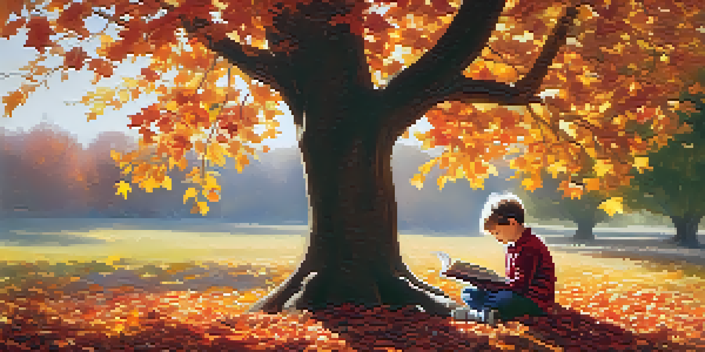 A child reading a book under a large tree, surrounded by colorful autumn leaves and warm sunlight.