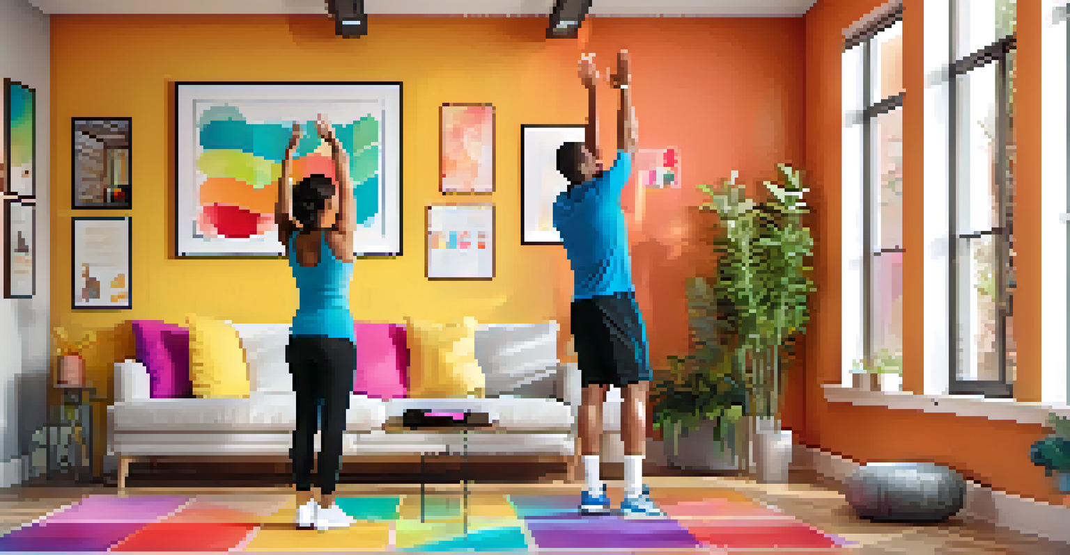 A health coach high-fiving a young woman in workout clothes, celebrating her progress in a vibrant room.
