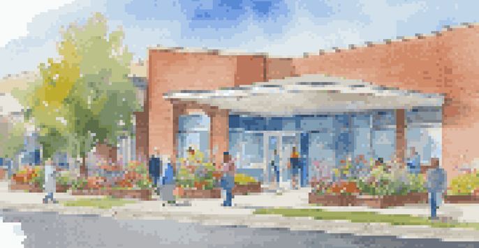A modern community health clinic with large windows, busy healthcare professionals, and diverse patients, surrounded by flowers and a clear blue sky.